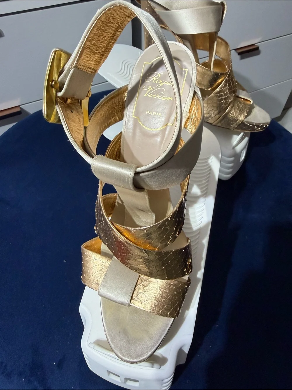 Roger Vivier Gold and Cream Strappy Platform Sandals